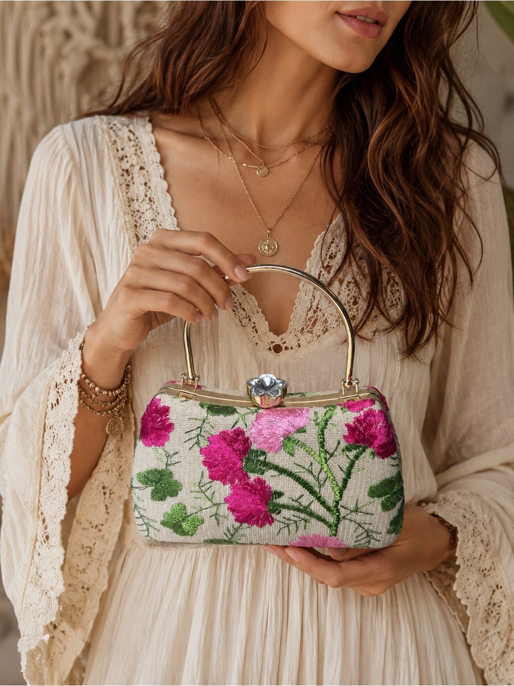 Floral Embroidered Top Handle Mini Bag Embellishment Statement Bag NWT